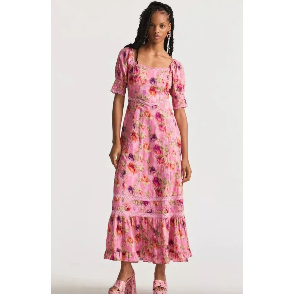 LoveShackFancy Floral Lace Mariata Maxi Dress In Wild Pink Rose Size 6 New - Picture 2 of 16